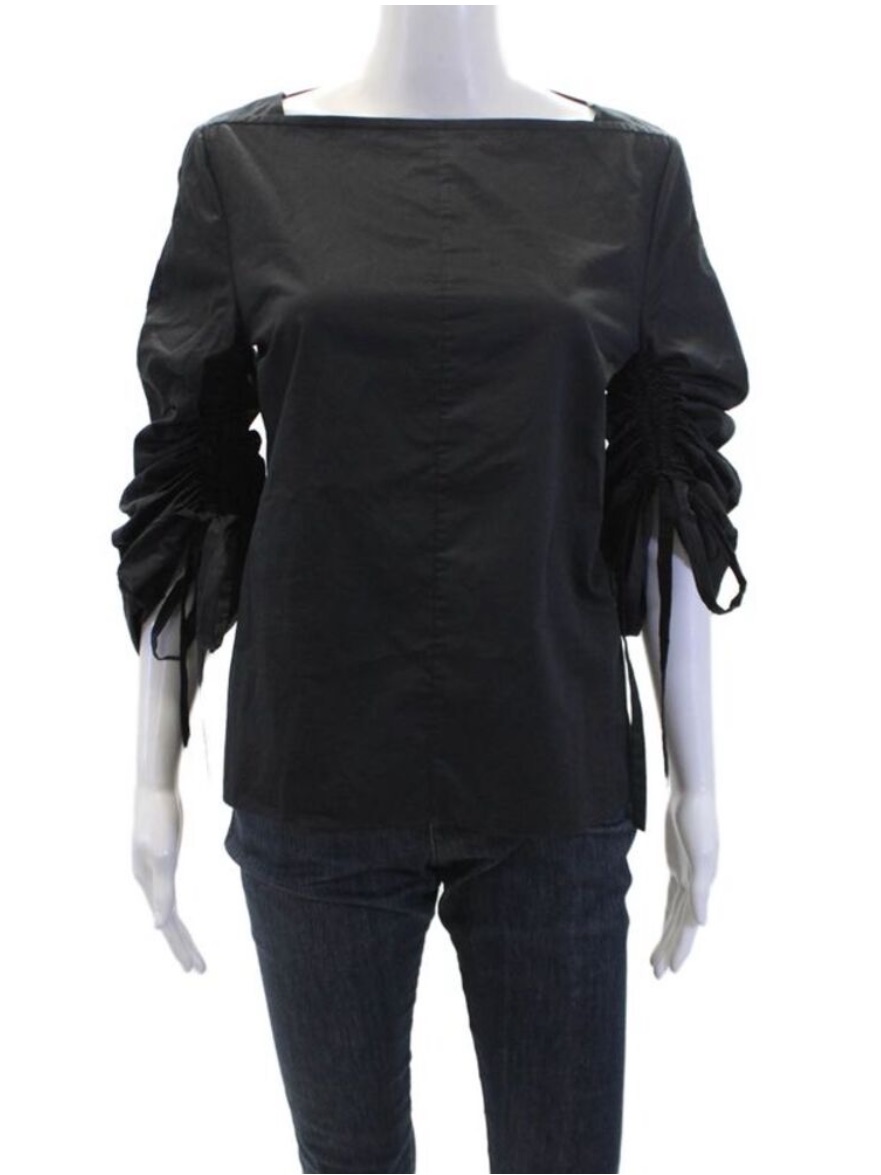 Tibi Womens Cotton Square Neck Tie Ruched Long Sleeve Blouse Top Black
